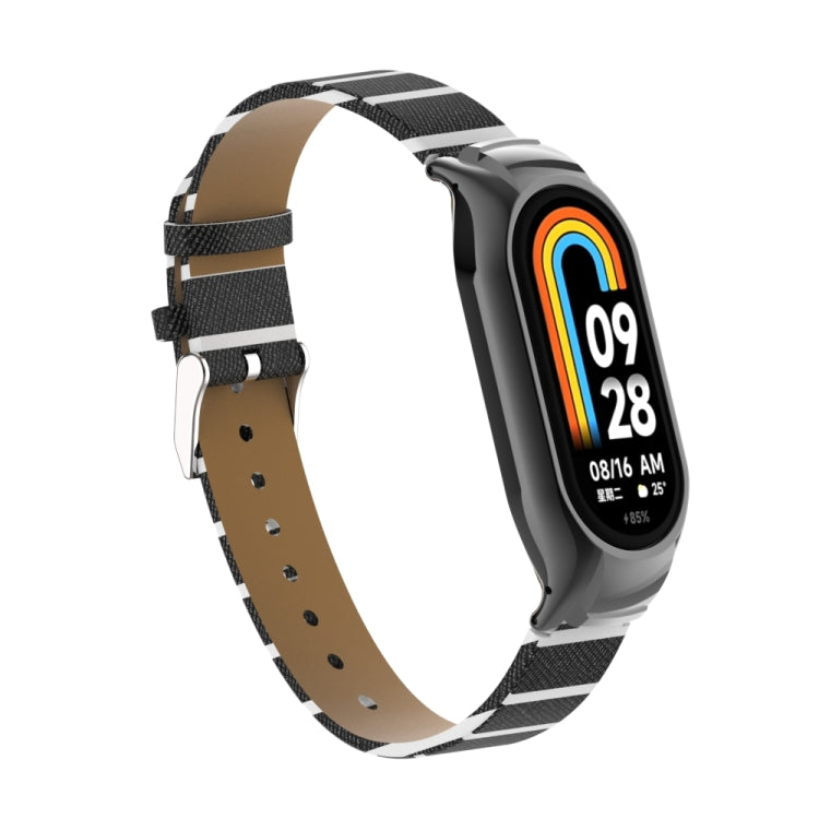 For Xiaomi Mi Band 8 Integrated Metal Case + Secondary Color Leather Watch Band(Black) - Smart Wear by PMC TechLife | Online Shopping South Africa | PMC TechLife