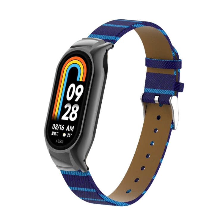 For Xiaomi Mi Band 8 Integrated Metal Case + Secondary Color Leather Watch Band(Blue) - Smart Wear by PMC TechLife | Online Shopping South Africa | PMC TechLife