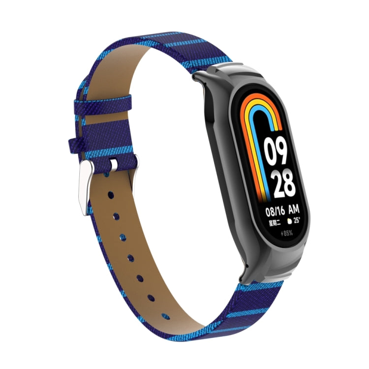 For Xiaomi Mi Band 8 Integrated Metal Case + Secondary Color Leather Watch Band(Blue) - Smart Wear by PMC TechLife | Online Shopping South Africa | PMC TechLife