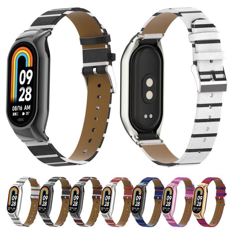 For Xiaomi Mi Band 8 Integrated Metal Case + Secondary Color Leather Watch Band(White) - Smart Wear by PMC TechLife | Online Shopping South Africa | PMC TechLife