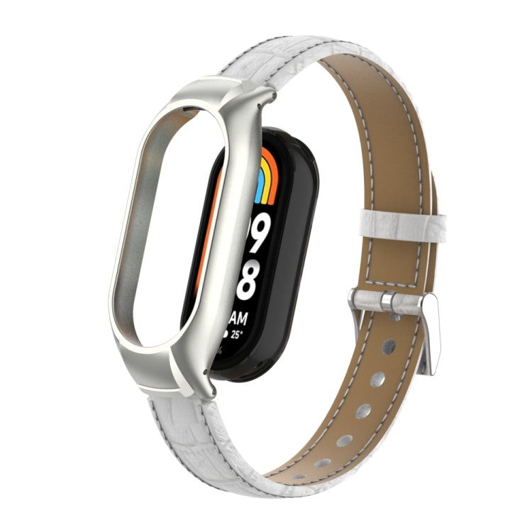 For Xiaomi Mi Band 8 Integrated Metal Case + Cocodile Texture Leather Watch Band(White) - Smart Wear by PMC TechLife | Online Shopping South Africa | PMC TechLife