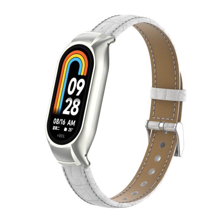 For Xiaomi Mi Band 8 Integrated Metal Case + Cocodile Texture Leather Watch Band(White) - Smart Wear by PMC TechLife | Online Shopping South Africa | PMC TechLife
