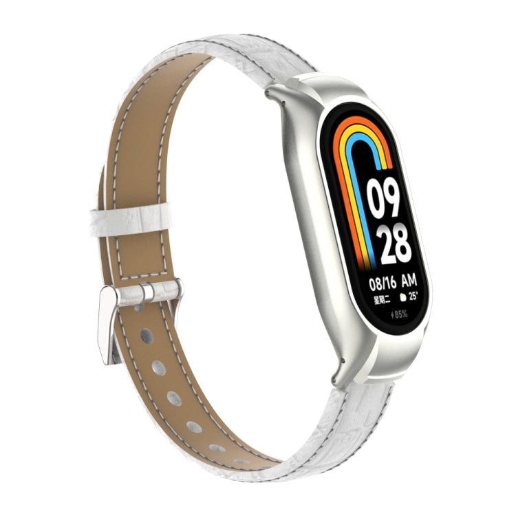 For Xiaomi Mi Band 8 Integrated Metal Case + Cocodile Texture Leather Watch Band(White) - Smart Wear by PMC TechLife | Online Shopping South Africa | PMC TechLife