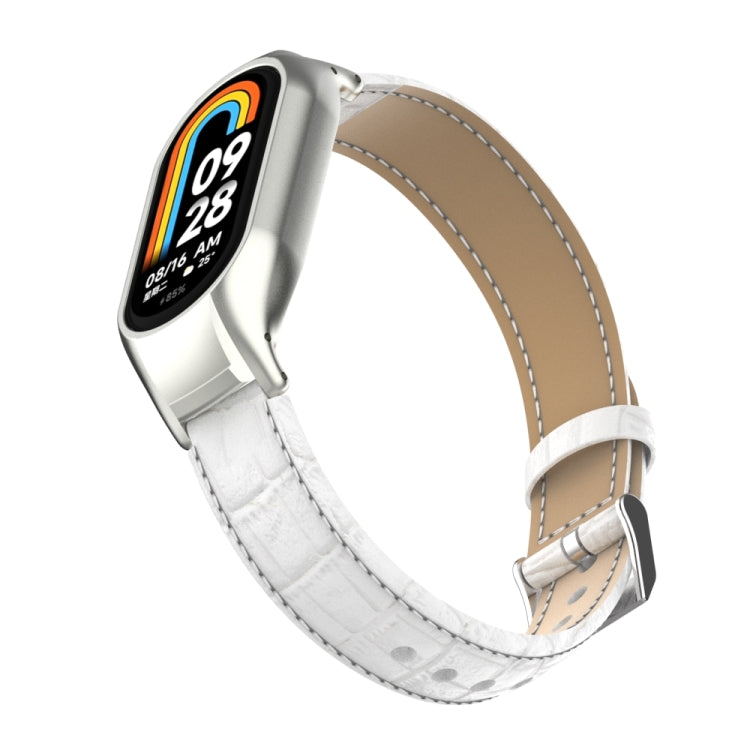 For Xiaomi Mi Band 8 Integrated Metal Case + Cocodile Texture Leather Watch Band(White) - Smart Wear by PMC TechLife | Online Shopping South Africa | PMC TechLife