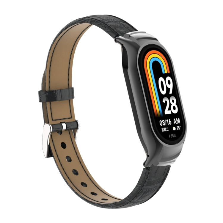 For Xiaomi Mi Band 8 Integrated Metal Case + Cocodile Texture Leather Watch Band(Black) - Smart Wear by PMC TechLife | Online Shopping South Africa | PMC TechLife