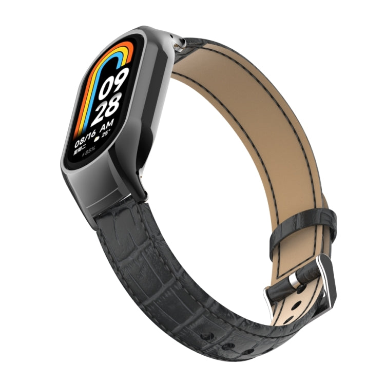 For Xiaomi Mi Band 8 Integrated Metal Case + Cocodile Texture Leather Watch Band(Black) - Smart Wear by PMC TechLife | Online Shopping South Africa | PMC TechLife