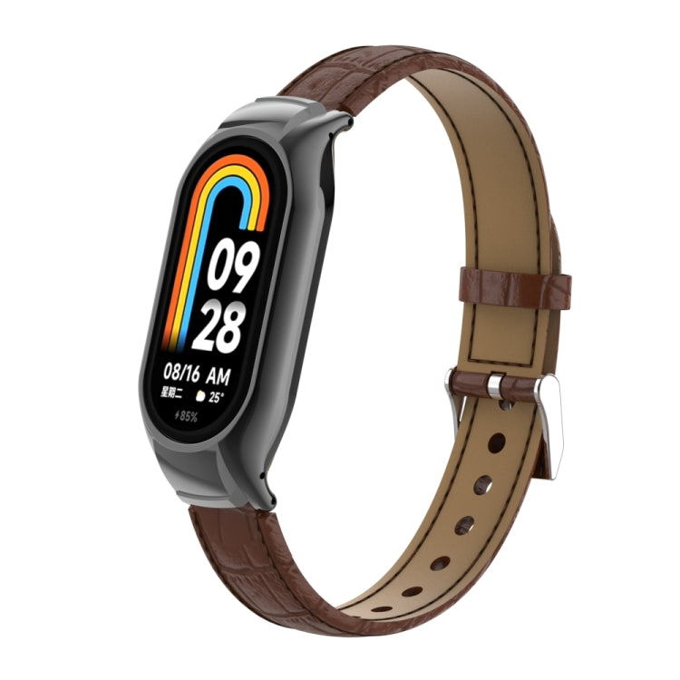 For Xiaomi Mi Band 8 Integrated Metal Case + Cocodile Texture Leather Watch Band(Brown) - Smart Wear by PMC TechLife | Online Shopping South Africa | PMC TechLife