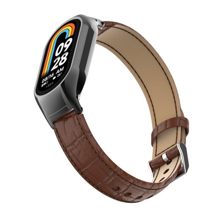 For Xiaomi Mi Band 8 Integrated Metal Case + Cocodile Texture Leather Watch Band(Brown) - Smart Wear by PMC TechLife | Online Shopping South Africa | PMC TechLife