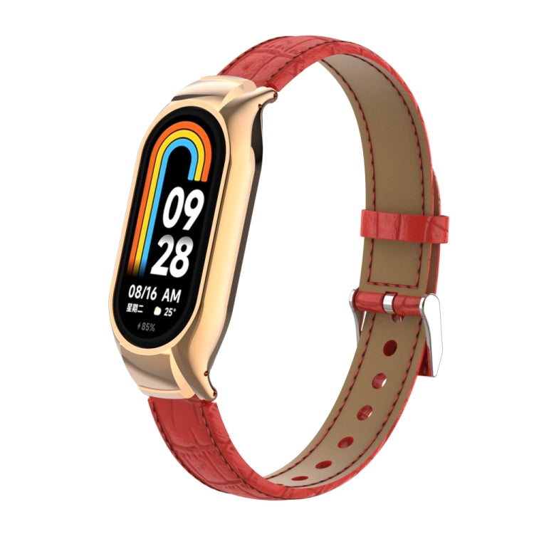 For Xiaomi Mi Band 8 Integrated Metal Case + Cocodile Texture Leather Watch Band(Red) - Smart Wear by PMC TechLife | Online Shopping South Africa | PMC TechLife
