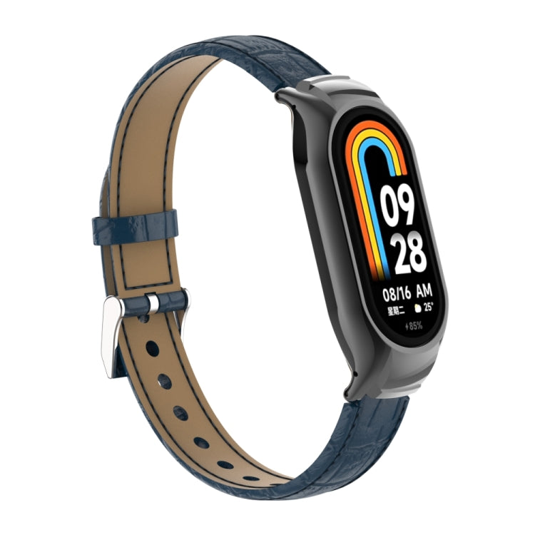 For Xiaomi Mi Band 8 Integrated Metal Case + Cocodile Texture Leather Watch Band(Blue) - Smart Wear by PMC TechLife | Online Shopping South Africa | PMC TechLife