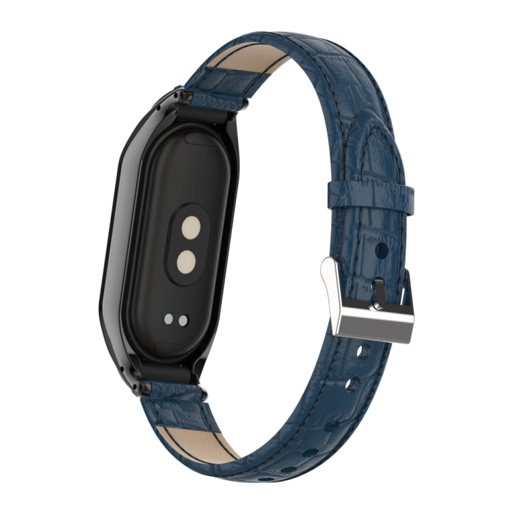 For Xiaomi Mi Band 8 Integrated Metal Case + Cocodile Texture Leather Watch Band(Blue) - Smart Wear by PMC TechLife | Online Shopping South Africa | PMC TechLife