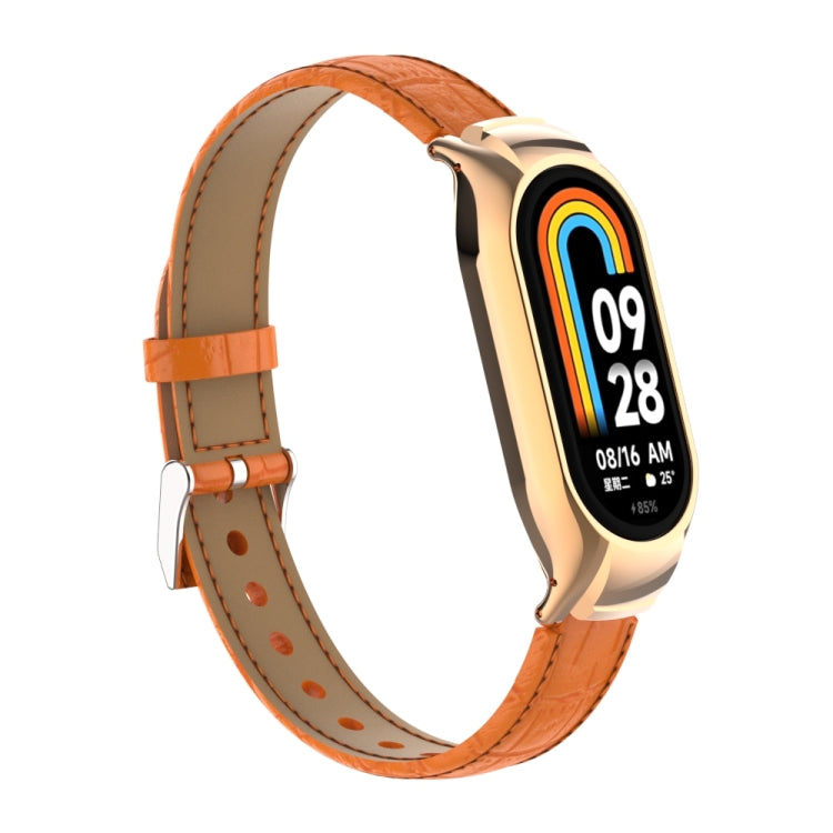 For Xiaomi Mi Band 8 Integrated Metal Case + Cocodile Texture Leather Watch Band(Orange) - Smart Wear by PMC TechLife | Online Shopping South Africa | PMC TechLife