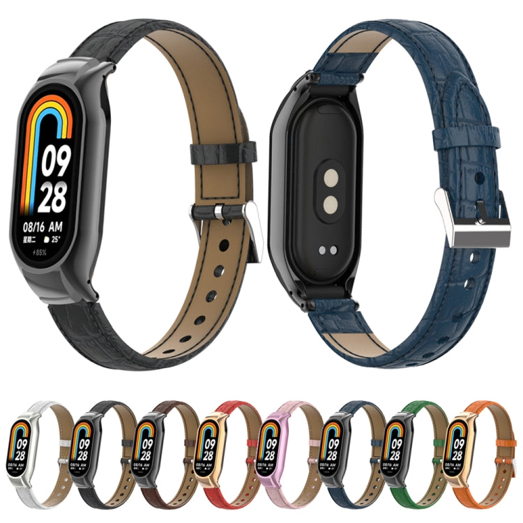 For Xiaomi Mi Band 8 Integrated Metal Case + Cocodile Texture Leather Watch Band(Blue) - Smart Wear by PMC TechLife | Online Shopping South Africa | PMC TechLife