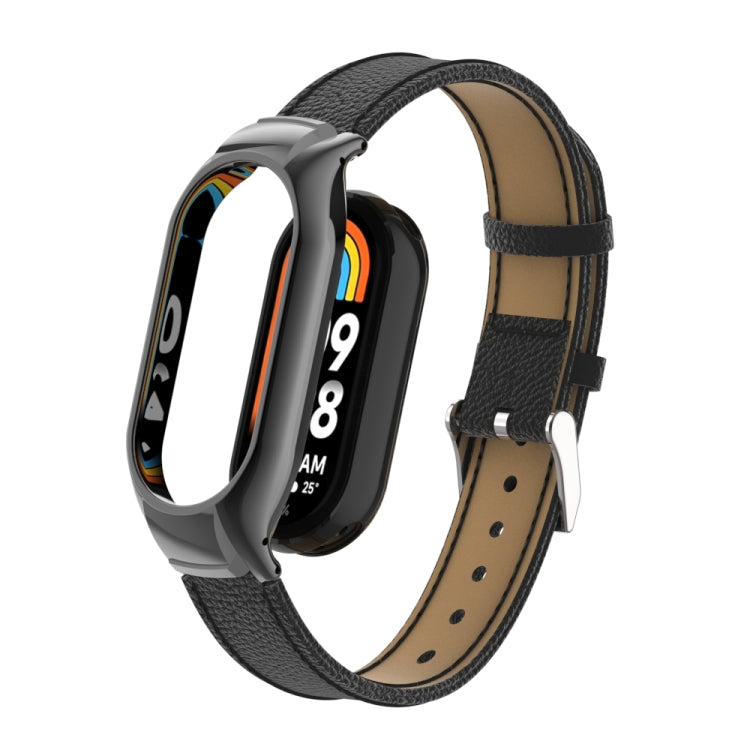 For Xiaomi Mi Band 8 Integrated Metal Case + Litchi Texture Leather Watch Band(Black) - Smart Wear by PMC TechLife | Online Shopping South Africa | PMC TechLife