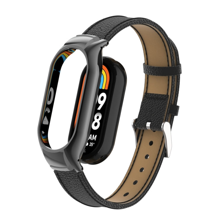 For Xiaomi Mi Band 8 Integrated Metal Case + Litchi Texture Leather Watch Band(Black) - Smart Wear by PMC Jewellery | Online Shopping South Africa | PMC Jewellery