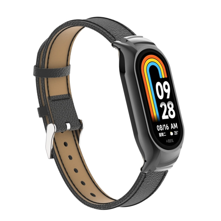 For Xiaomi Mi Band 8 Integrated Metal Case + Litchi Texture Leather Watch Band(Black) - Smart Wear by PMC TechLife | Online Shopping South Africa | PMC TechLife