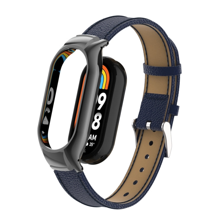 For Xiaomi Mi Band 8 Integrated Metal Case + Litchi Texture Leather Watch Band(Blue) - Smart Wear by PMC TechLife | Online Shopping South Africa | PMC TechLife