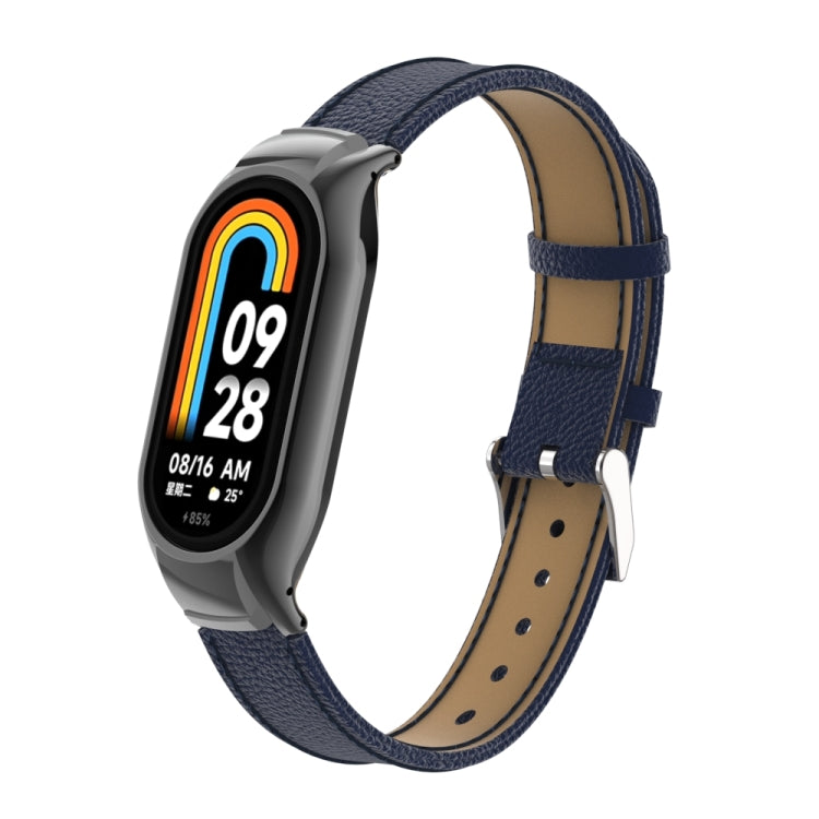 For Xiaomi Mi Band 8 Integrated Metal Case + Litchi Texture Leather Watch Band(Blue) - Smart Wear by PMC TechLife | Online Shopping South Africa | PMC TechLife