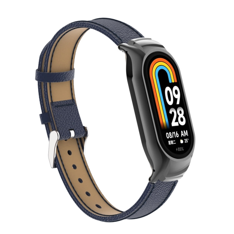 For Xiaomi Mi Band 8 Integrated Metal Case + Litchi Texture Leather Watch Band(Blue) - Smart Wear by PMC TechLife | Online Shopping South Africa | PMC TechLife
