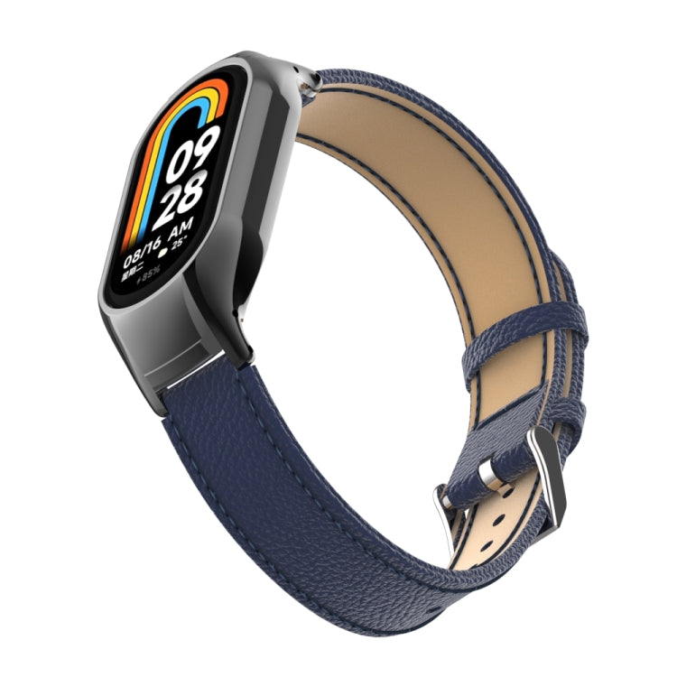 For Xiaomi Mi Band 8 Integrated Metal Case + Litchi Texture Leather Watch Band(Blue) - Smart Wear by PMC TechLife | Online Shopping South Africa | PMC TechLife
