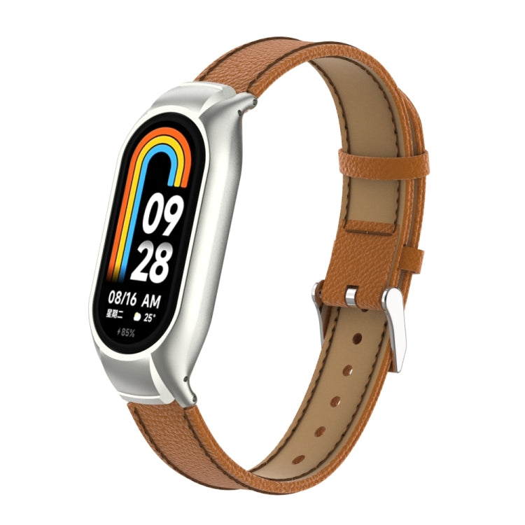 For Xiaomi Mi Band 8 Integrated Metal Case + Litchi Texture Leather Watch Band(Brown) - Smart Wear by PMC TechLife | Online Shopping South Africa | PMC TechLife