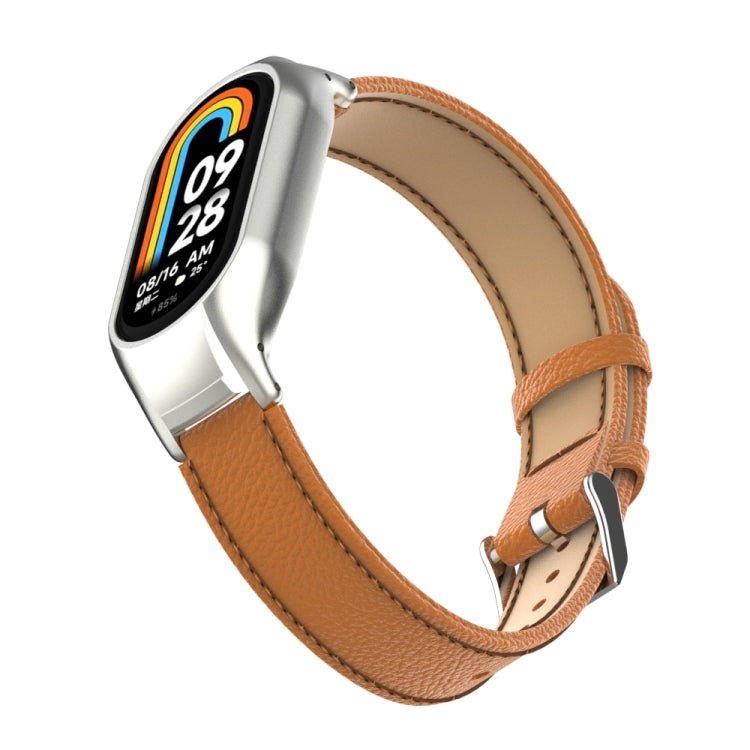 For Xiaomi Mi Band 8 Integrated Metal Case + Litchi Texture Leather Watch Band(Brown) - Smart Wear by PMC TechLife | Online Shopping South Africa | PMC TechLife