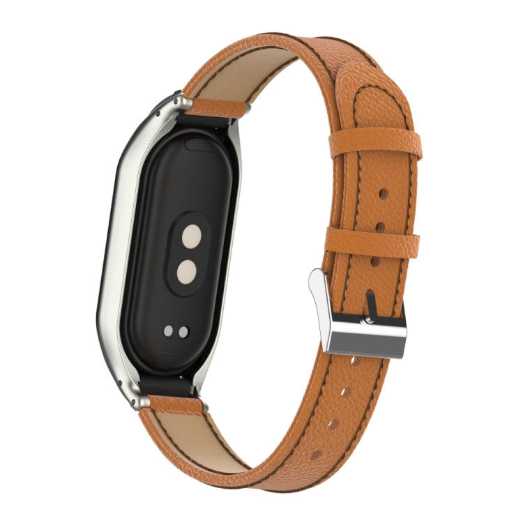 For Xiaomi Mi Band 8 Integrated Metal Case + Litchi Texture Leather Watch Band(Brown) - Smart Wear by PMC TechLife | Online Shopping South Africa | PMC TechLife