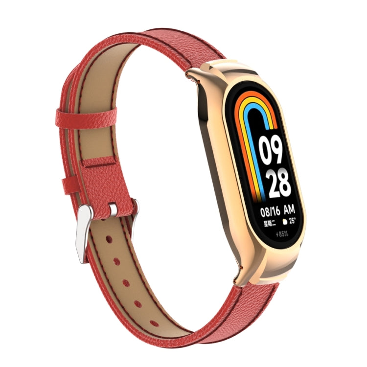 For Xiaomi Mi Band 8 Integrated Metal Case + Litchi Texture Leather Watch Band(Red) - Smart Wear by PMC TechLife | Online Shopping South Africa | PMC TechLife