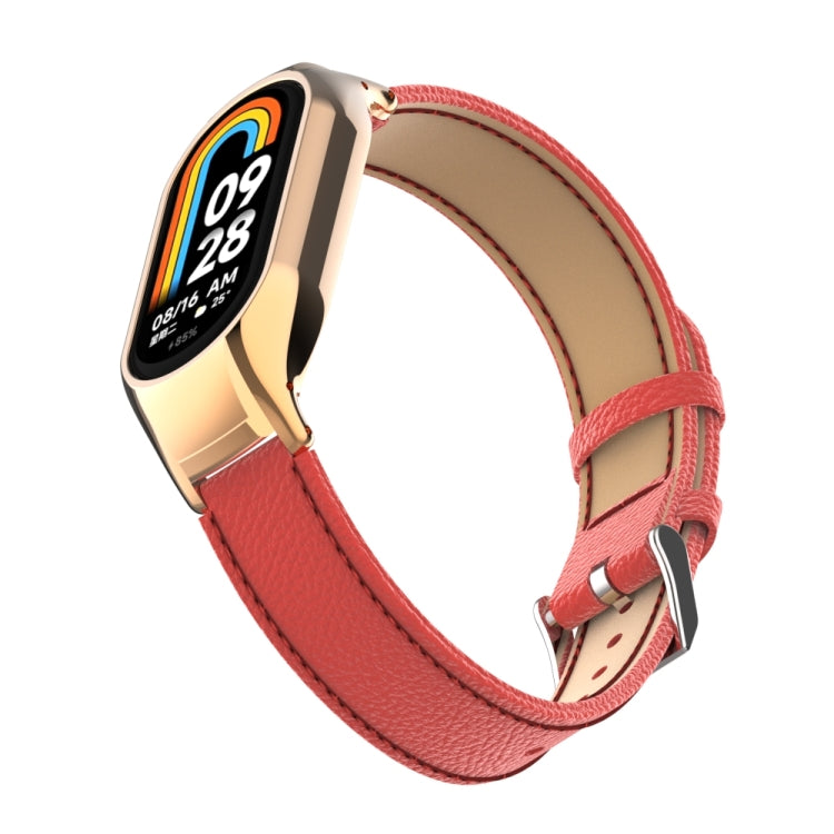 For Xiaomi Mi Band 8 Integrated Metal Case + Litchi Texture Leather Watch Band(Red) - Smart Wear by PMC TechLife | Online Shopping South Africa | PMC TechLife