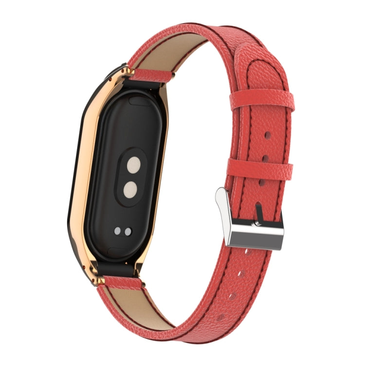 For Xiaomi Mi Band 8 Integrated Metal Case + Litchi Texture Leather Watch Band(Red) - Smart Wear by PMC TechLife | Online Shopping South Africa | PMC TechLife