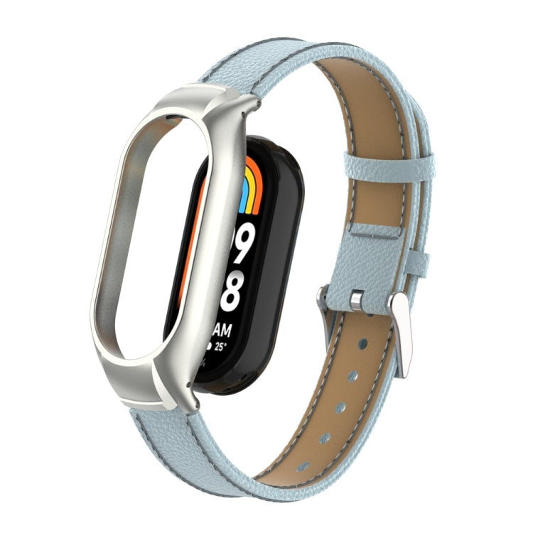 For Xiaomi Mi Band 8 Integrated Metal Case + Litchi Texture Leather Watch Band(Light Cyan) - Smart Wear by PMC TechLife | Online Shopping South Africa | PMC TechLife