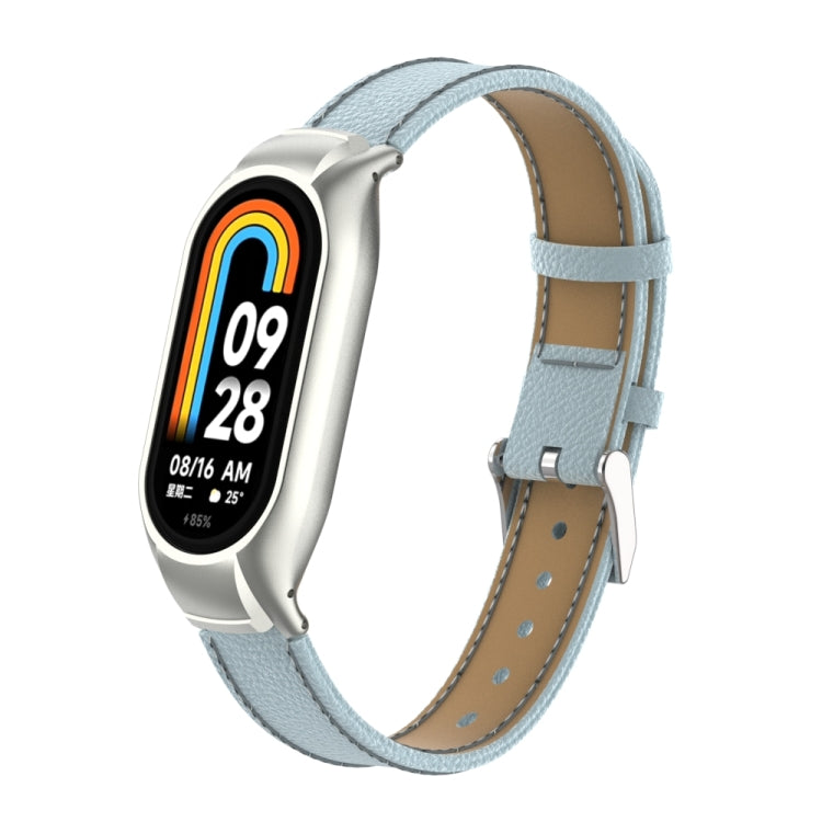 For Xiaomi Mi Band 8 Integrated Metal Case + Litchi Texture Leather Watch Band(Light Cyan) - Smart Wear by PMC TechLife | Online Shopping South Africa | PMC TechLife