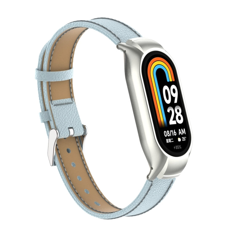 For Xiaomi Mi Band 8 Integrated Metal Case + Litchi Texture Leather Watch Band(Light Cyan) - Smart Wear by PMC TechLife | Online Shopping South Africa | PMC TechLife