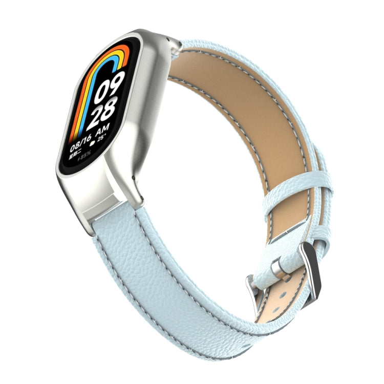 For Xiaomi Mi Band 8 Integrated Metal Case + Litchi Texture Leather Watch Band(Light Cyan) - Smart Wear by PMC TechLife | Online Shopping South Africa | PMC TechLife