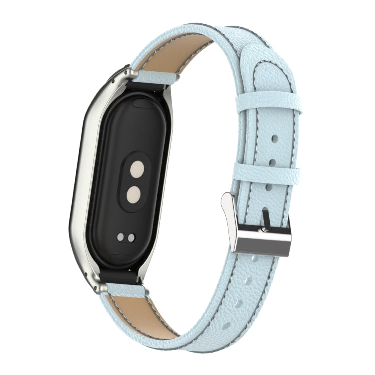 For Xiaomi Mi Band 8 Integrated Metal Case + Litchi Texture Leather Watch Band(Light Cyan) - Smart Wear by PMC TechLife | Online Shopping South Africa | PMC TechLife