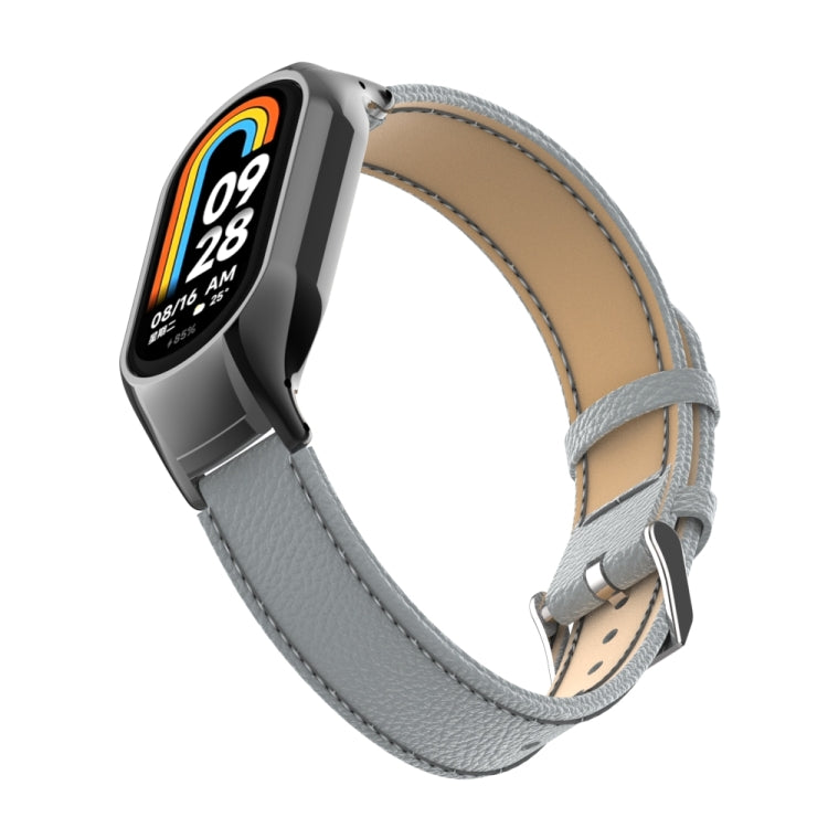 For Xiaomi Mi Band 8 Integrated Metal Case + Litchi Texture Leather Watch Band(Grey) - Smart Wear by PMC TechLife | Online Shopping South Africa | PMC TechLife