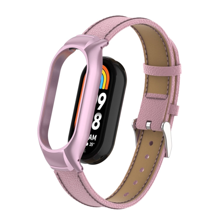 For Xiaomi Mi Band 8 Integrated Metal Case + Litchi Texture Leather Watch Band(Pink) - Smart Wear by PMC Jewellery | Online Shopping South Africa | PMC Jewellery