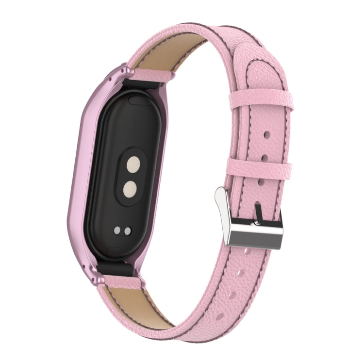 For Xiaomi Mi Band 8 Integrated Metal Case + Litchi Texture Leather Watch Band(Pink) - Smart Wear by PMC TechLife | Online Shopping South Africa | PMC TechLife