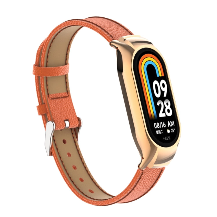 For Xiaomi Mi Band 8 Integrated Metal Case + Litchi Texture Leather Watch Band(Orange) - Smart Wear by PMC TechLife | Online Shopping South Africa | PMC TechLife