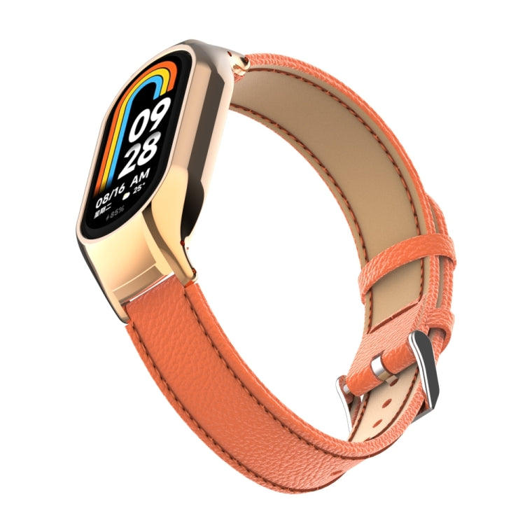 For Xiaomi Mi Band 8 Integrated Metal Case + Litchi Texture Leather Watch Band(Orange) - Smart Wear by PMC TechLife | Online Shopping South Africa | PMC TechLife