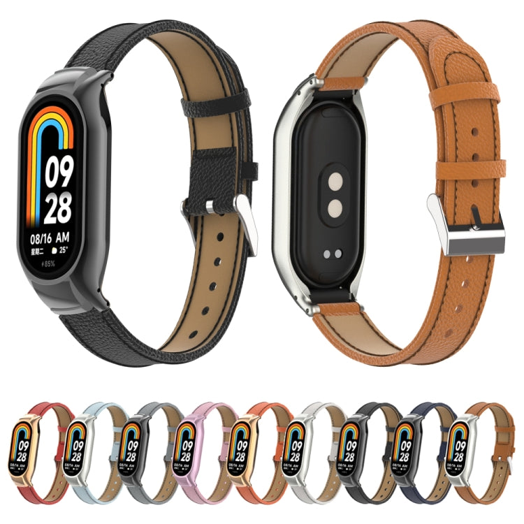 For Xiaomi Mi Band 8 Integrated Metal Case + Litchi Texture Leather Watch Band(Brown) - Smart Wear by PMC TechLife | Online Shopping South Africa | PMC TechLife