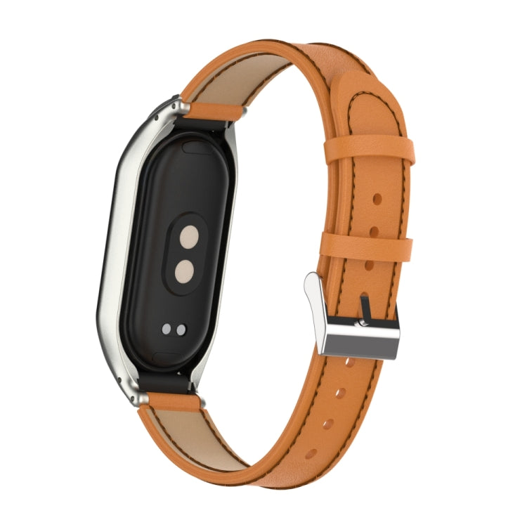 For Xiaomi Mi Band 8 Integrated Metal Case + Microfiber Sewing Leather Watch Band(Brown) - Smart Wear by PMC Jewellery | Online Shopping South Africa | PMC Jewellery