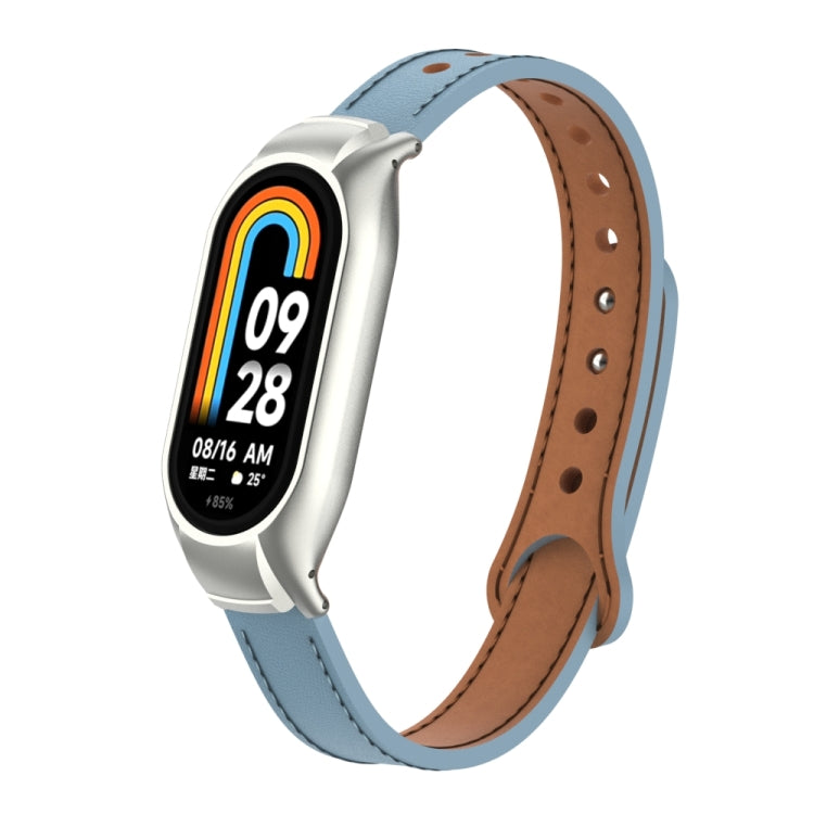 For Xiaomi Mi Band 8 Integrated Metal Case + Double Nail Microfiber Leather Watch Band(Light Blue) - Smart Wear by PMC TechLife | Online Shopping South Africa | PMC TechLife