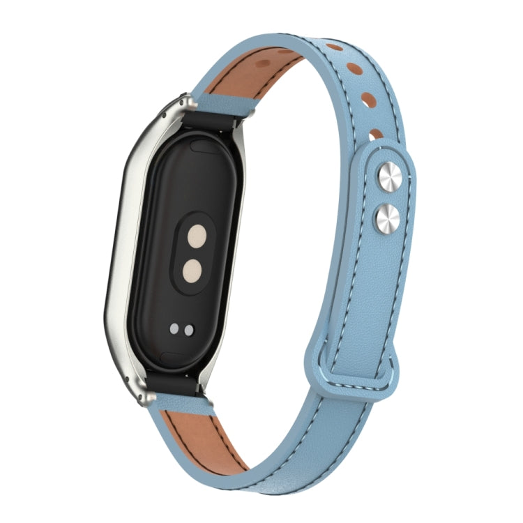 For Xiaomi Mi Band 8 Integrated Metal Case + Double Nail Microfiber Leather Watch Band(Light Blue) - Smart Wear by PMC Jewellery | Online Shopping South Africa | PMC Jewellery