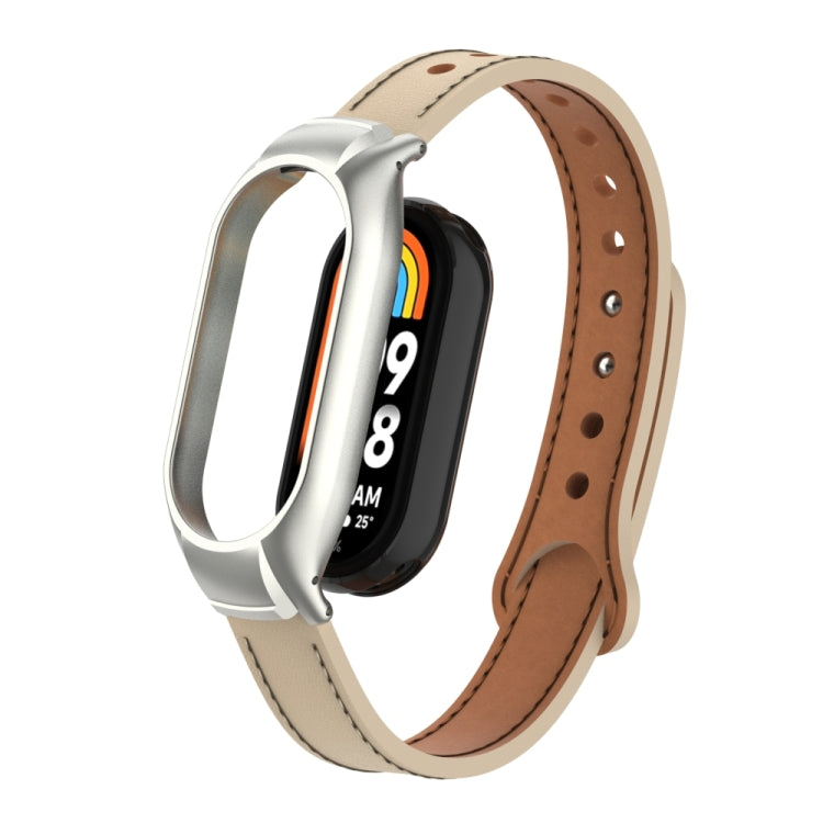For Xiaomi Mi Band 8 Integrated Metal Case + Double Nail Microfiber Leather Watch Band(Milk Tea Color) - Smart Wear by PMC TechLife | Online Shopping South Africa | PMC TechLife