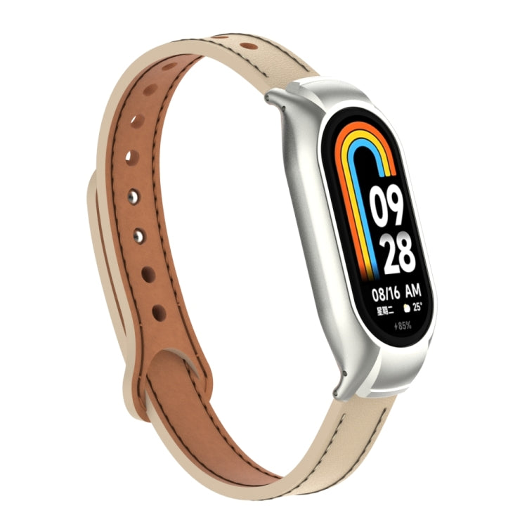For Xiaomi Mi Band 8 Integrated Metal Case + Double Nail Microfiber Leather Watch Band(Milk Tea Color) - Smart Wear by PMC TechLife | Online Shopping South Africa | PMC TechLife