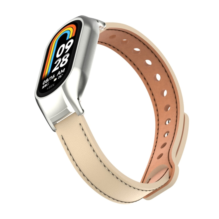 For Xiaomi Mi Band 8 Integrated Metal Case + Double Nail Microfiber Leather Watch Band(Milk Tea Color) - Smart Wear by PMC TechLife | Online Shopping South Africa | PMC TechLife