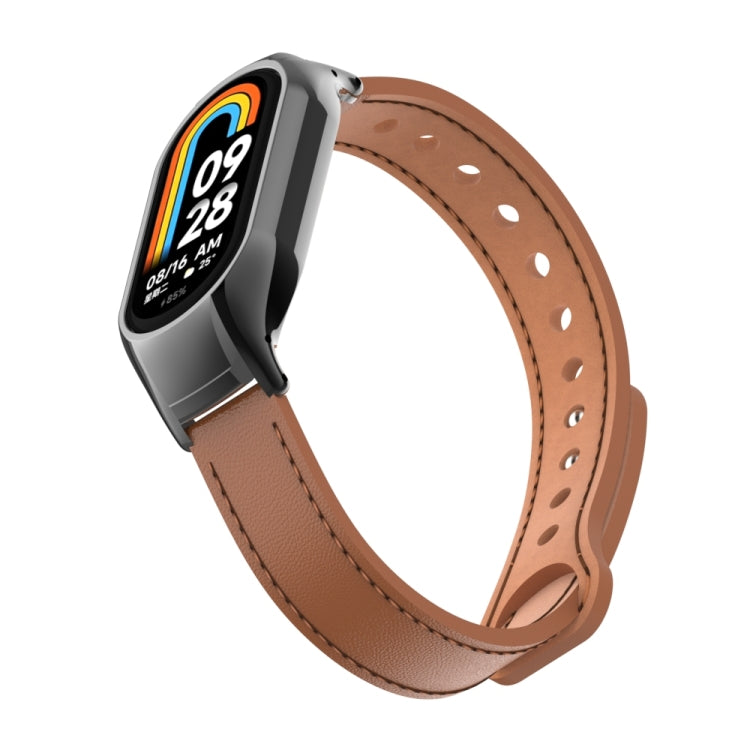 For Xiaomi Mi Band 8 Integrated Metal Case + Double Nail Microfiber Leather Watch Band(Brown) - Smart Wear by PMC Jewellery | Online Shopping South Africa | PMC Jewellery