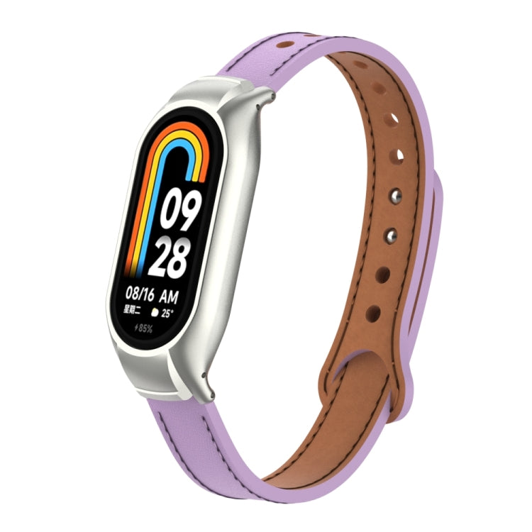 For Xiaomi Mi Band 8 Integrated Metal Case + Double Nail Microfiber Leather Watch Band(Pink Purple) - Smart Wear by PMC TechLife | Online Shopping South Africa | PMC TechLife