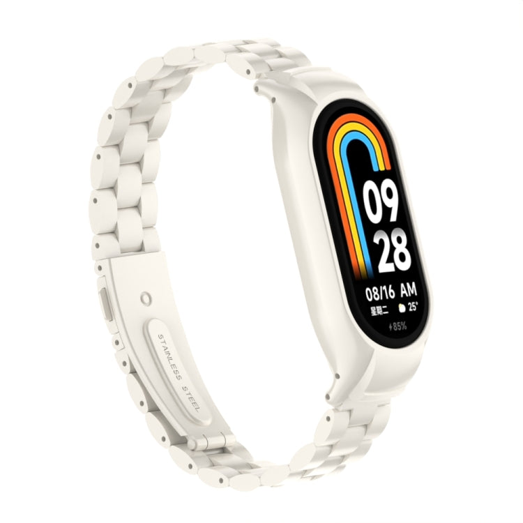 For Xiaomi Mi Band 8 Integrated Metal Case + Three-bead Watch Band(Beige) - Smart Wear by PMC TechLife | Online Shopping South Africa | PMC TechLife